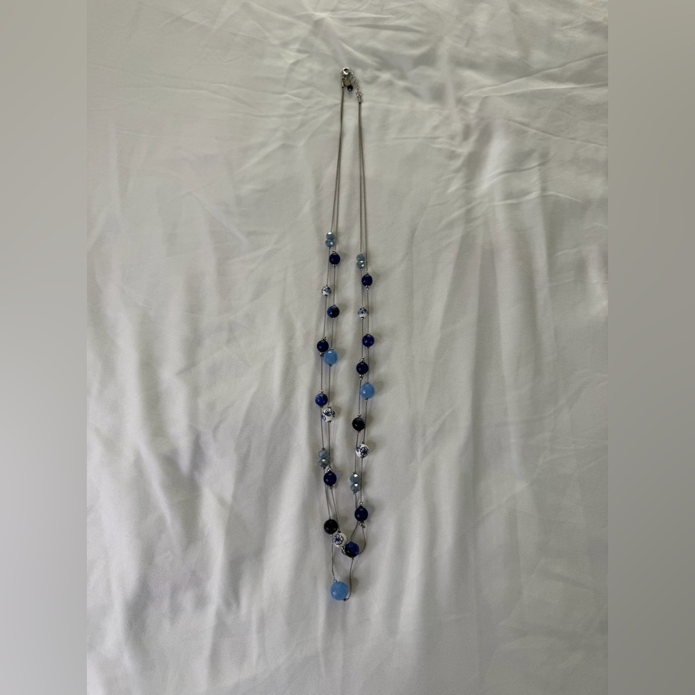 LOFT Blue Station Necklace Long Beaded Layering Necklace Porcelain Style - Picture 3 of 5